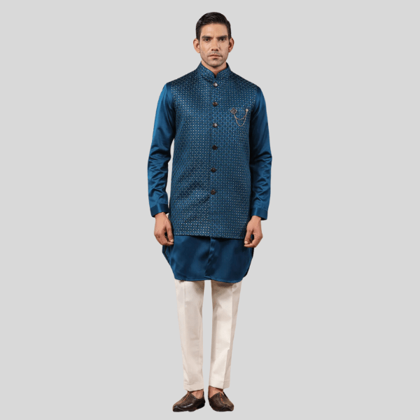 Blue Color Embroidery Long Jacket with Kurta Pajama - India shopping