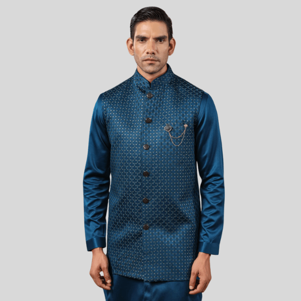 Blue Color Embroidery Long Jacket with Kurta Pajama - India shopping