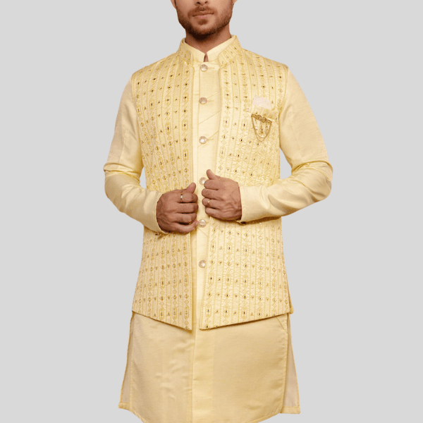 Embroidery Jodhpuri Yellow Colour Jacket with Kurta Pajama - India shopping