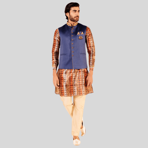 Golden Blue Plain Jodhpuri Jacket with Kurta Pajama Set | Traditional Wear - India shopping