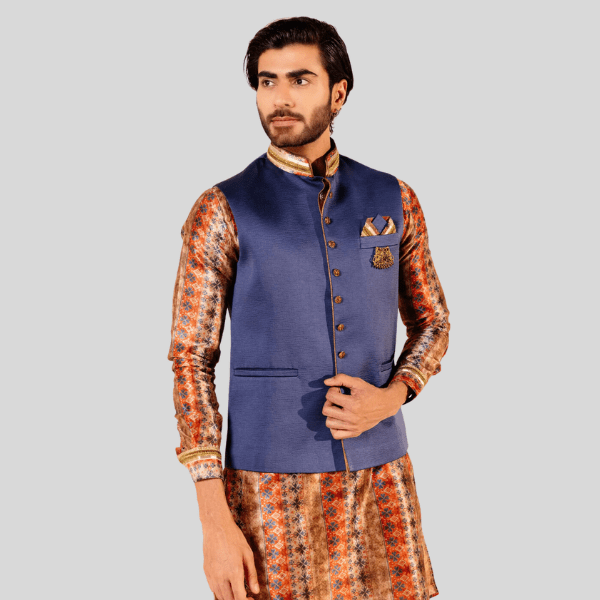 Golden Blue Plain Jodhpuri Jacket with Kurta Pajama Set | Traditional Wear - India shopping