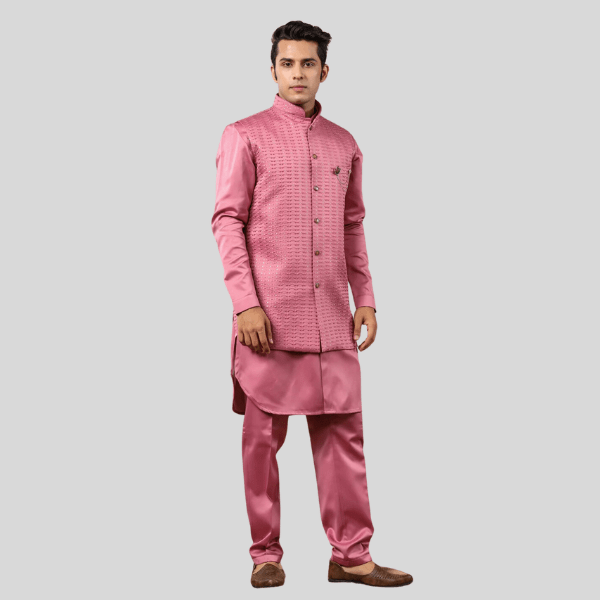 Onion Color Embroidery Long Jacket with Kurta Pajama - India shopping