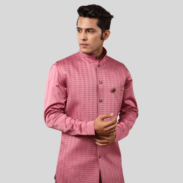 Onion Color Embroidery Long Jacket with Kurta Pajama - India shopping