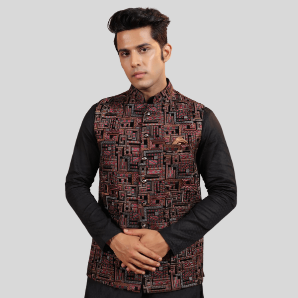 Premium Embroidery Velvet Waist Coat | Black Color - India shopping