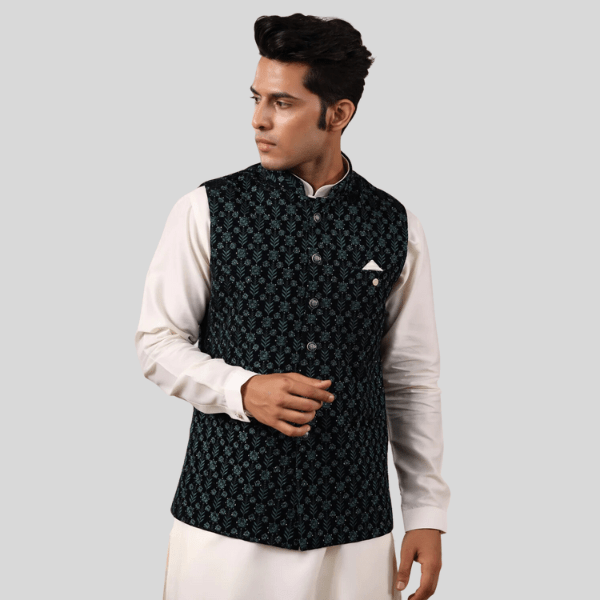 Rama Green Embroidery Waist Coat For Men - India shopping