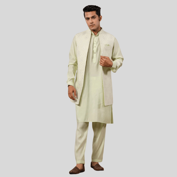 S Green Color Embroidery Long Jacket with Kurta- Pajama - India shopping