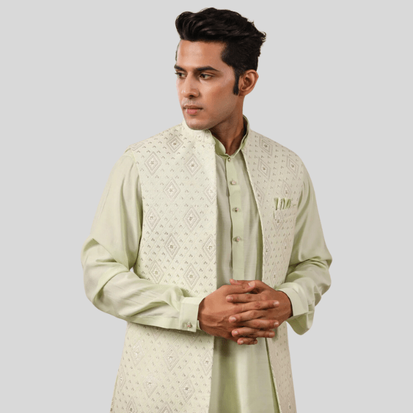 S Green Color Embroidery Long Jacket with Kurta- Pajama - India shopping