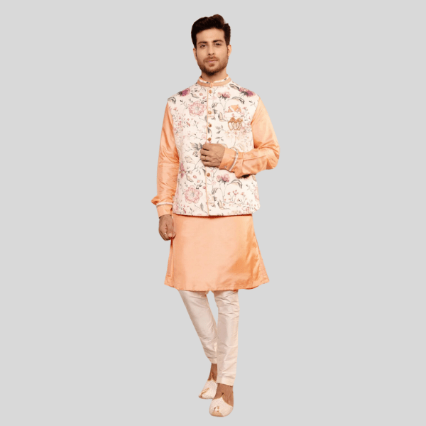 White Green Floral Print Jodhpuri Jacket with Kurta Pajama Set - India shopping