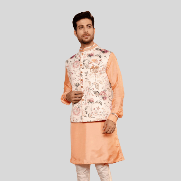 White Green Floral Print Jodhpuri Jacket with Kurta Pajama Set - India shopping