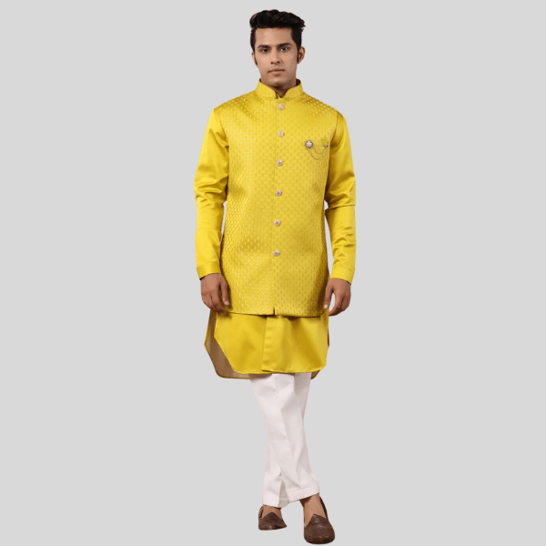 Yellow Color Embroidery Long Jacket with Kurta Pajama - India shopping