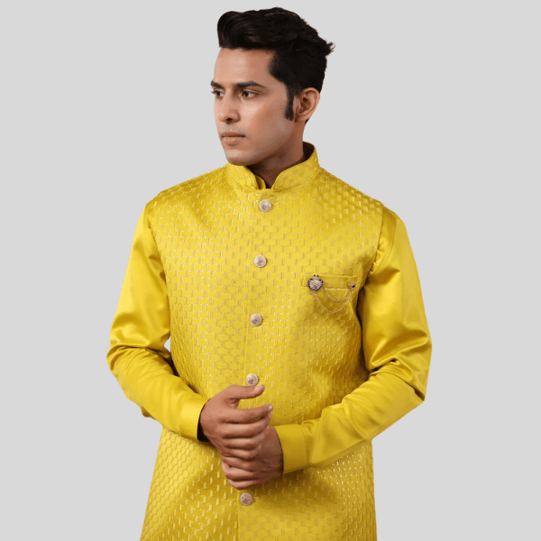 Yellow Color Embroidery Long Jacket with Kurta Pajama - India shopping