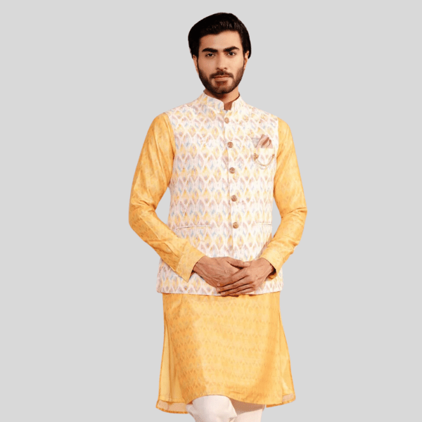 Yellow Jacket with Kurta Pajama Set | Jodhpuri Print - India shopping