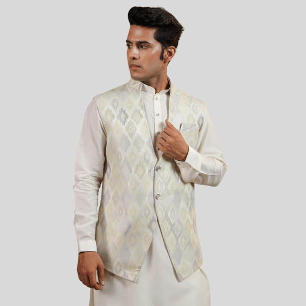 Jacquard Waist Coat | Pista Color - India shopping