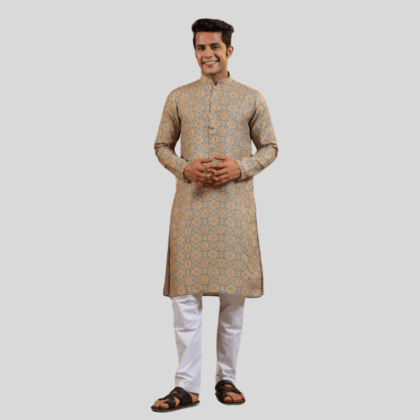 Mustard Print Cotton Kurta Pajama For Men - India shopping