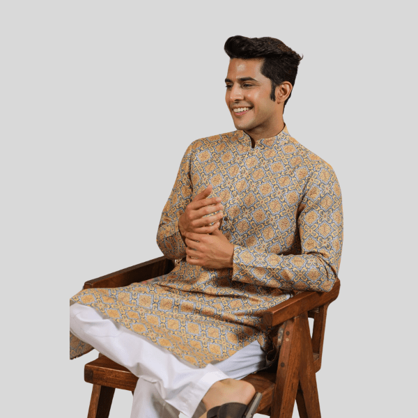 Mustard Print Cotton Kurta Pajama For Men - India shopping