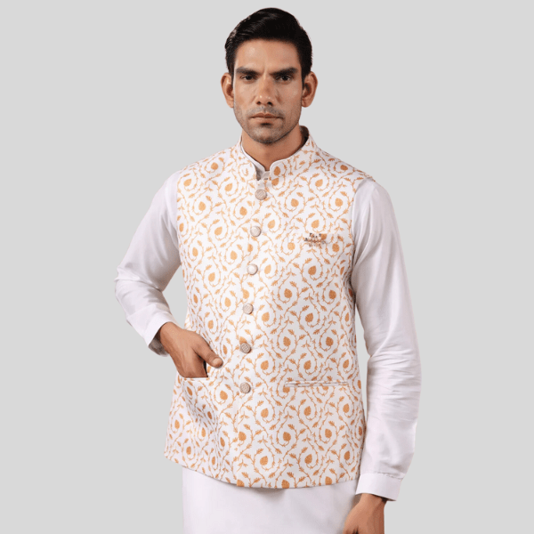 Print Waist Coat For Men | White Mustard - India shopping