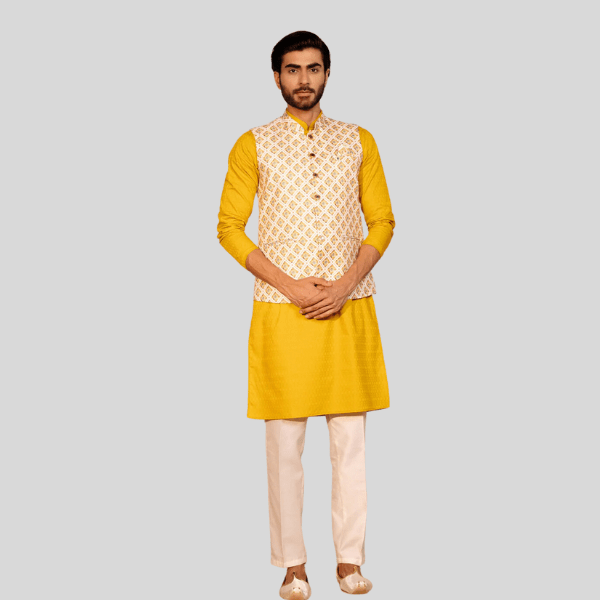 Waist Coat - Mustard Color Print - India shopping