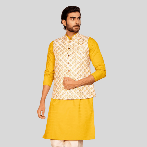 Waist Coat - Mustard Color Print - India shopping