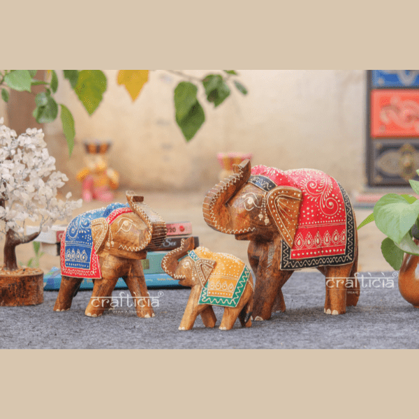 Wooden Trunk Up Elephant Set of 3 - India shopping