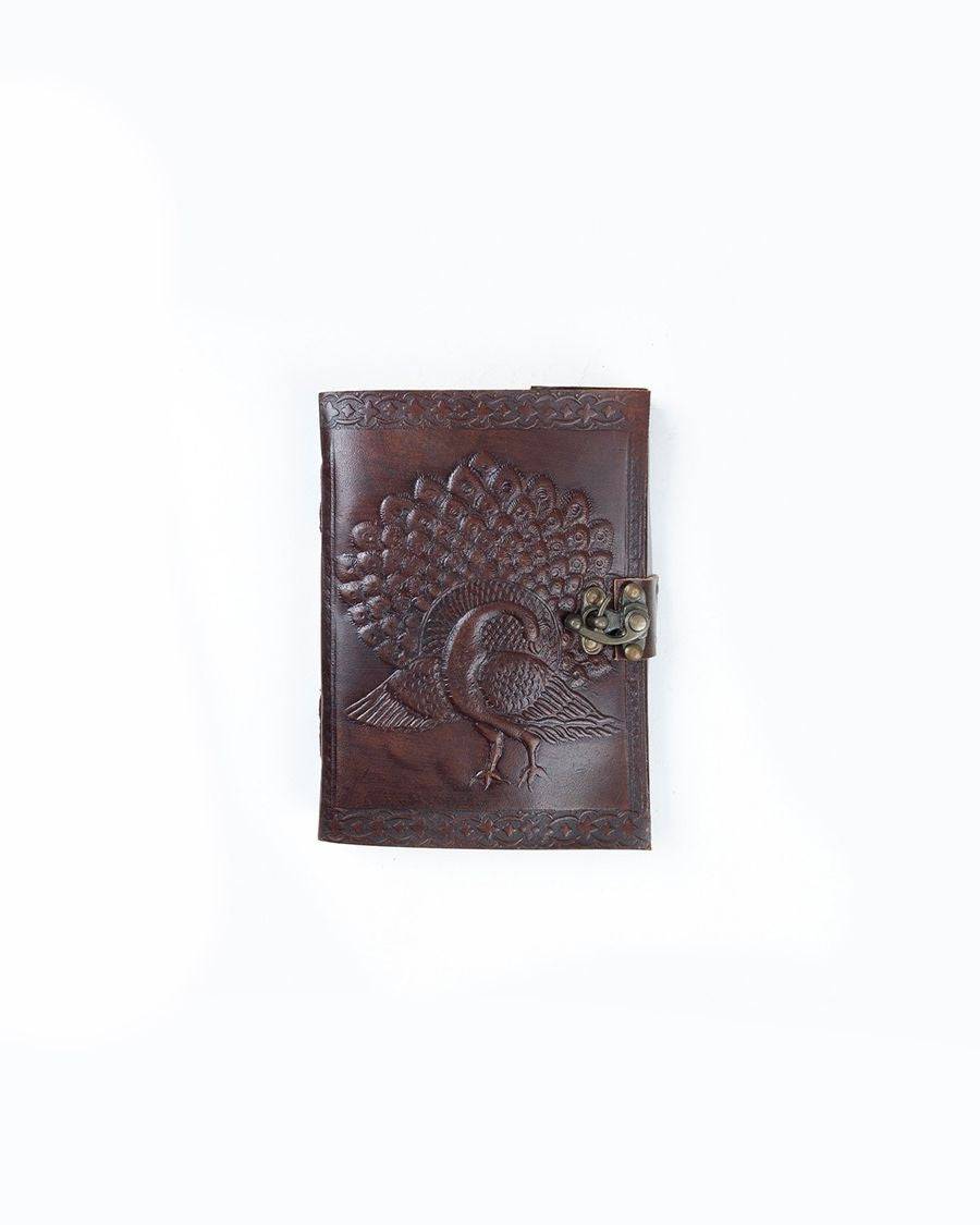 Brown Leather Peacock Motif Embossed Diary - India shopping