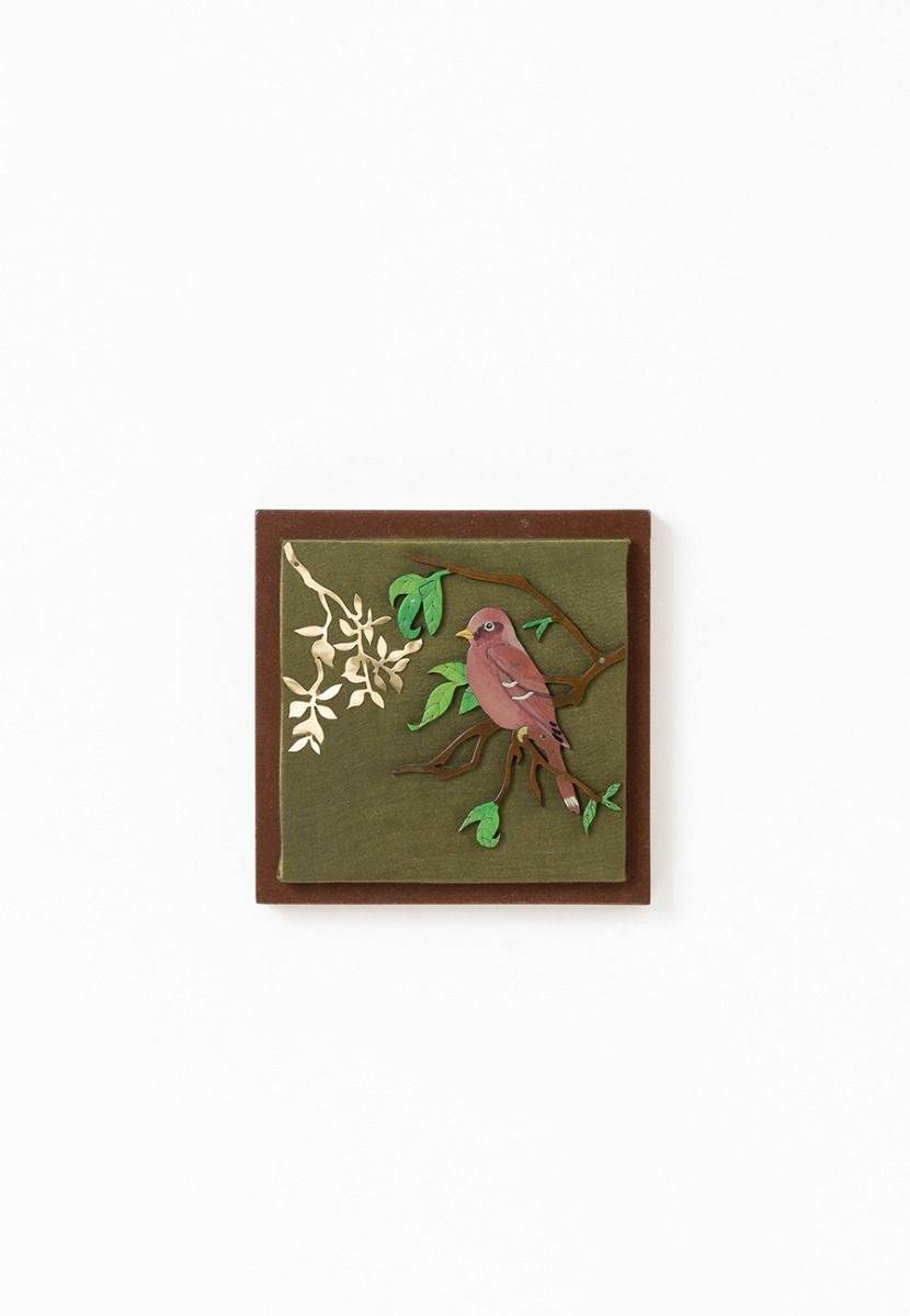 Mashru Wall Frame with Hand-Painted Bourke's Parrot - Brass Cutout - India shopping