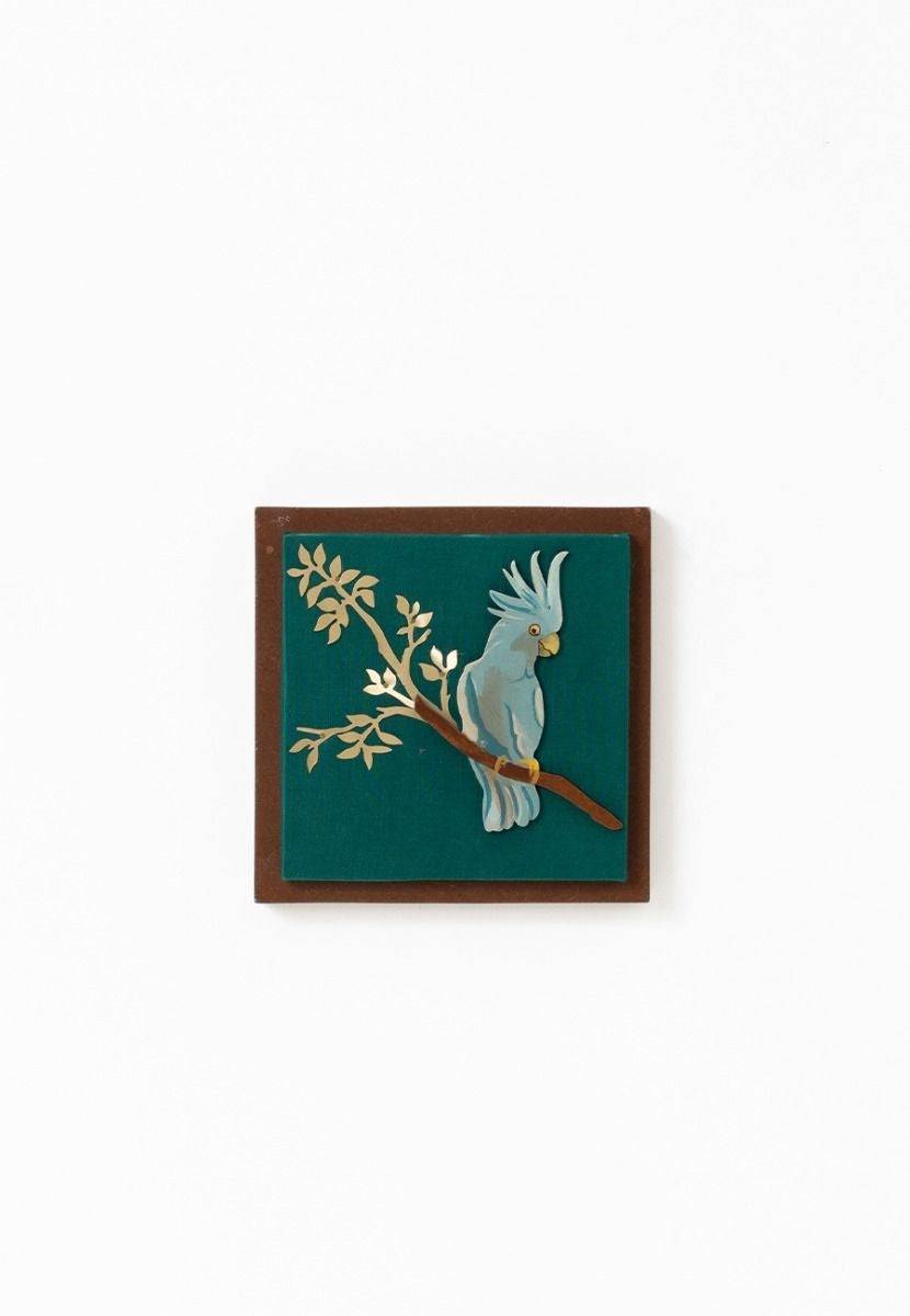 Mashru Wall Frame with Hand-Painted Cockatoo Birds - Brass Cutout - India shopping