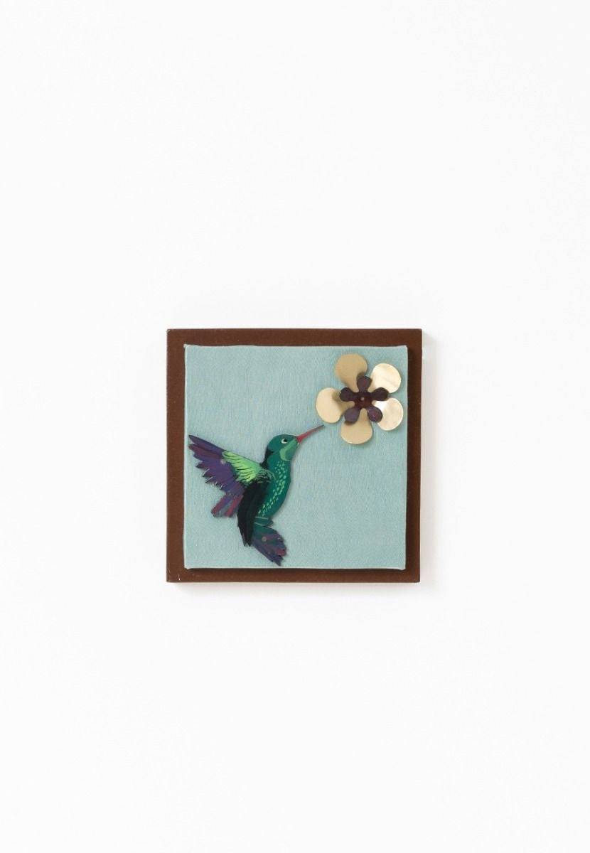 Mashru Wall Frame with Hand-Painted Hummingbird - Brass Cutout - India shopping