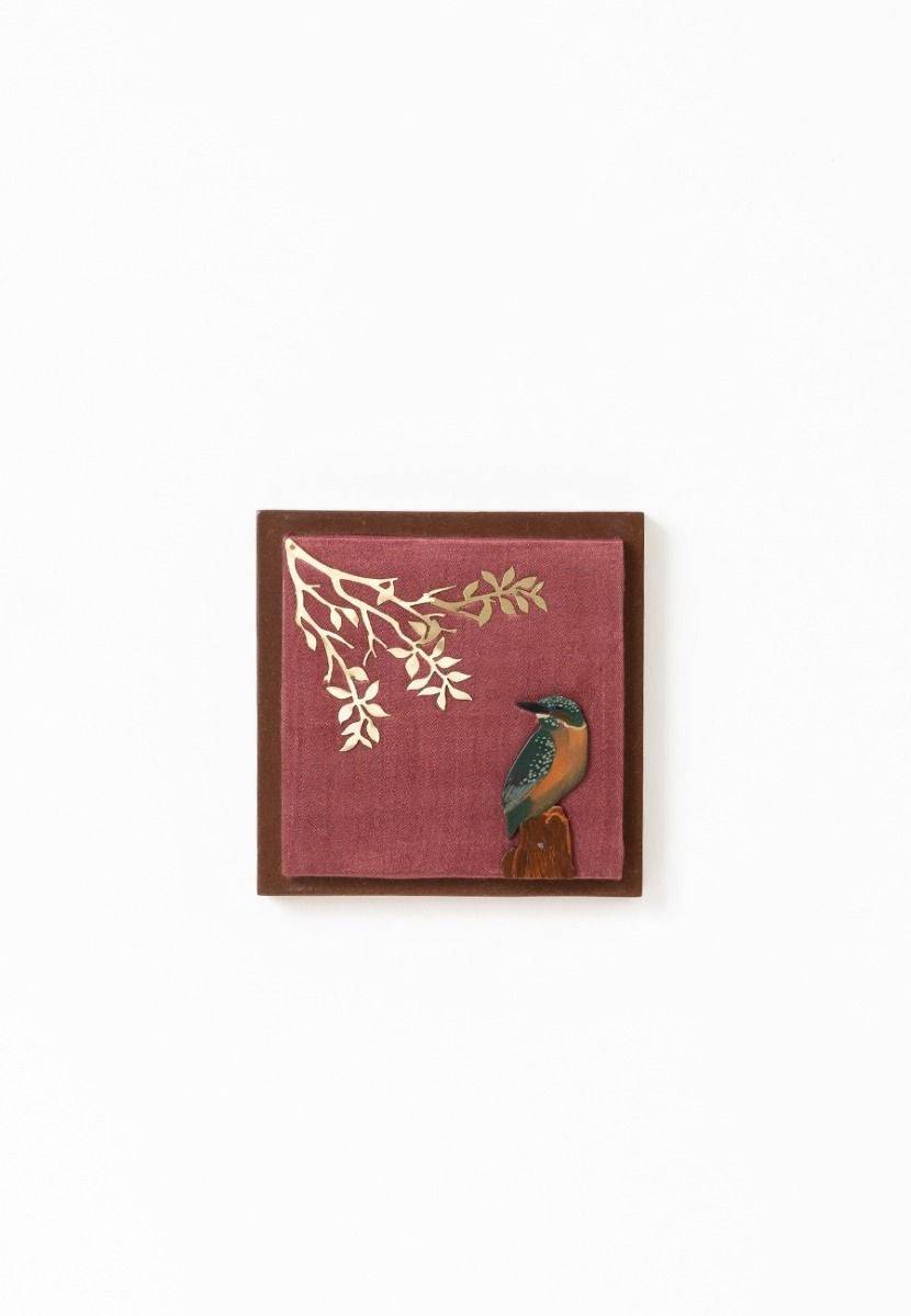 Mashru Wall Frame with Hand-Painted Kingfisher Bird - Brass Cutout - India shopping