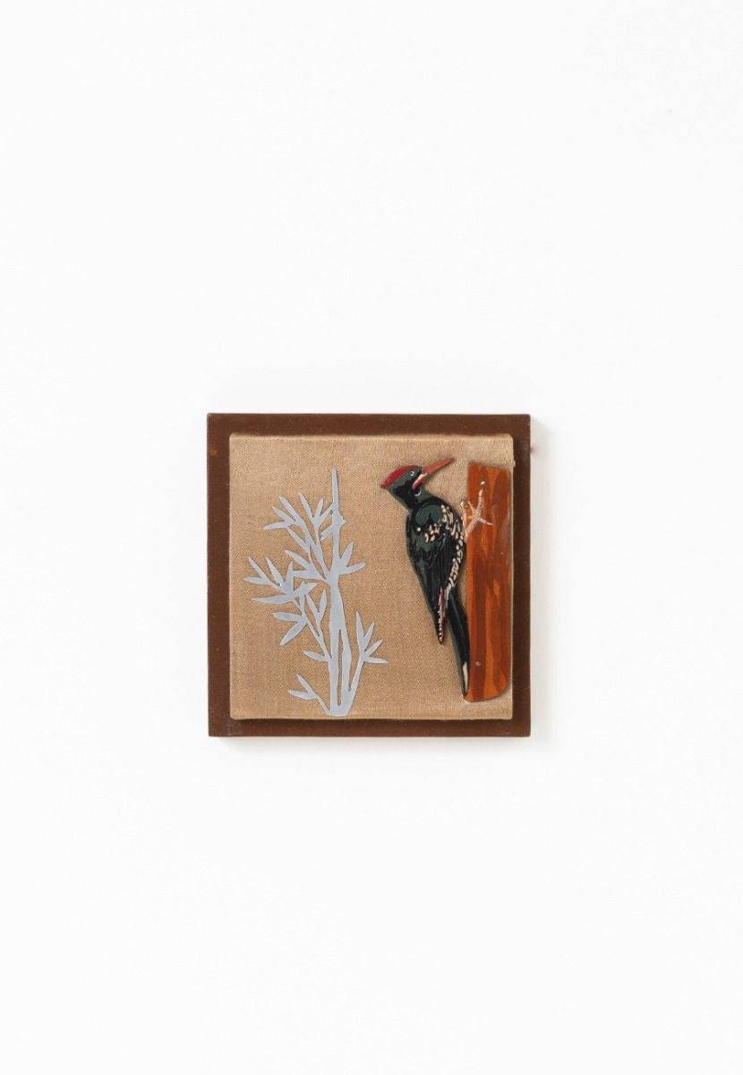 Mashru Wall Frame with Hand-Painted Woodpecker - Aluminum Cutout - India shopping