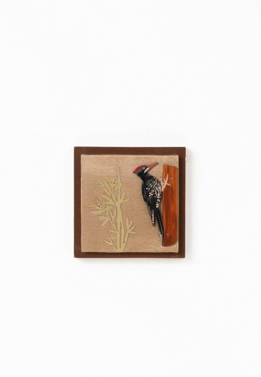 Mashru Wall Frame with Hand-Painted Woodpecker - Brass Cutout - India shopping