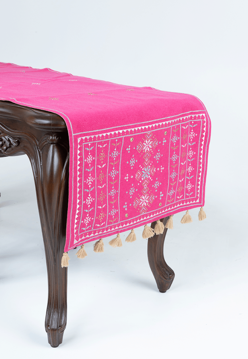 Pink Cotton Table Runner with Soof Embroidery - India shopping