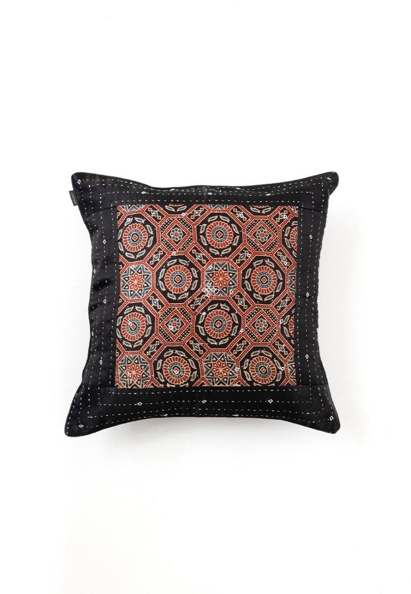 Black Hand-Woven Cotton Cushion Cover - India shopping