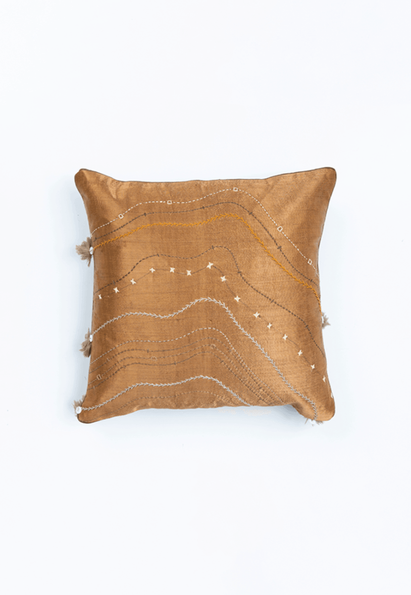 Brown Handwoven Mashru Cushion Cover with Kantha Embroidery - India shopping