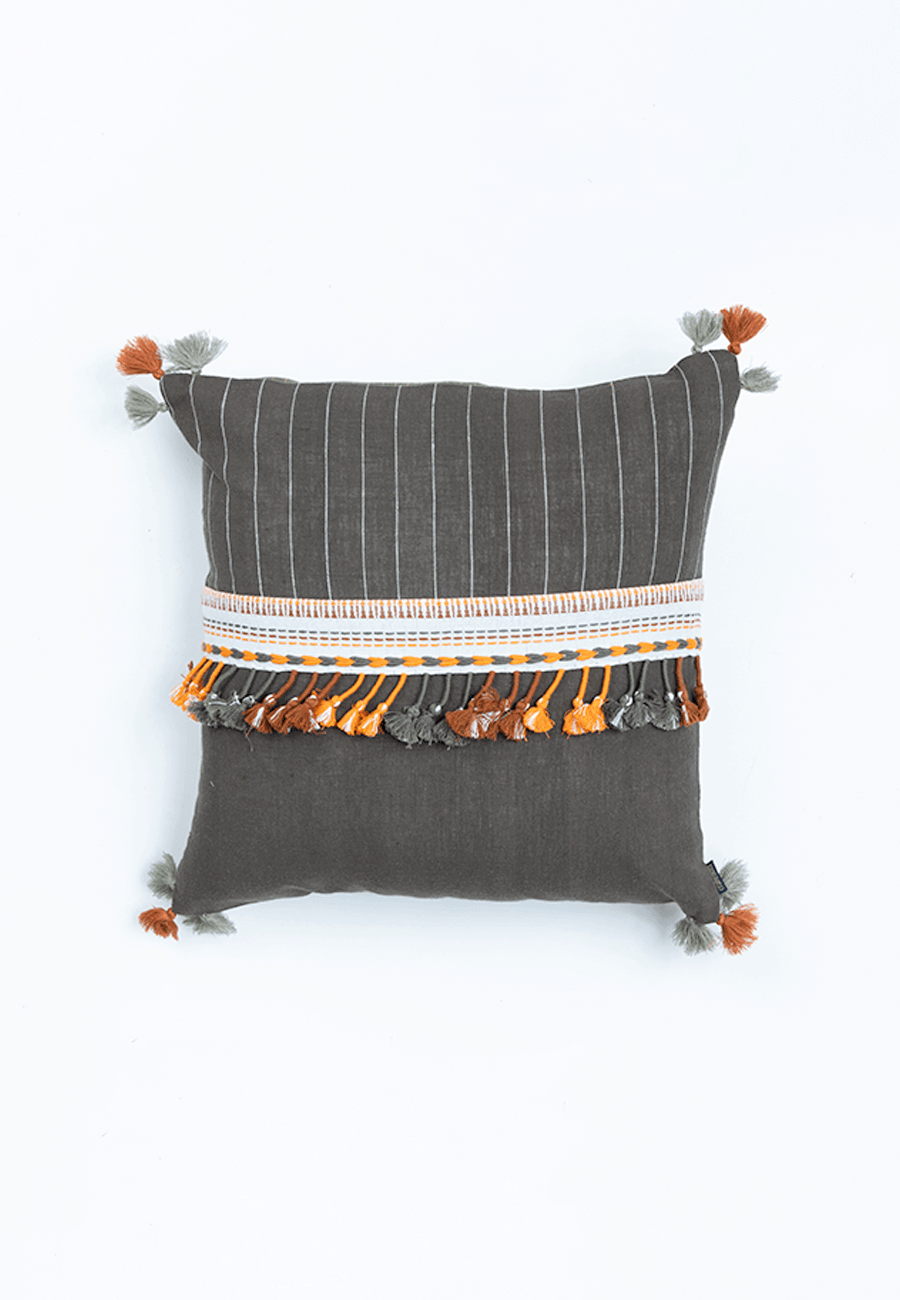 Gray Handwoven Cotton Cushion Cover with Bhujodi Weave - India shopping