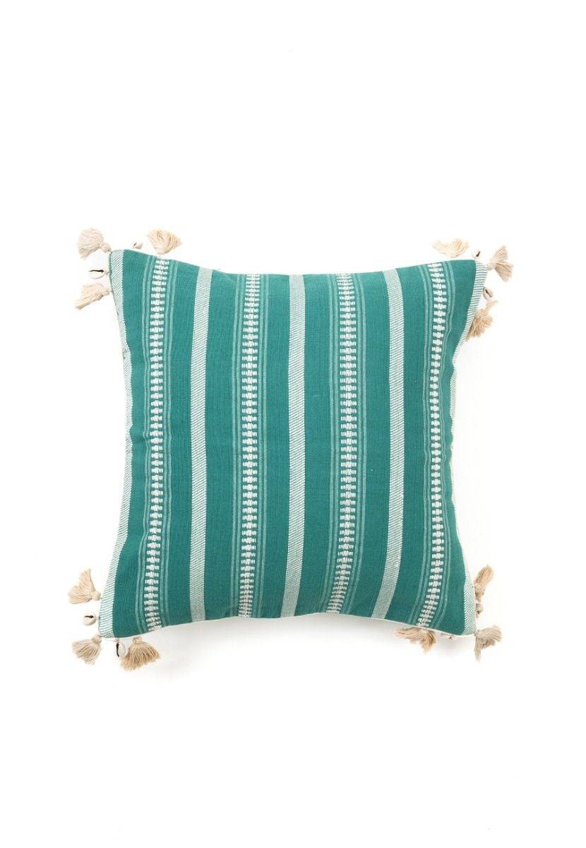 Green Hand-Woven Cotton Cushion Cover with Bhujodi Weave - India shopping