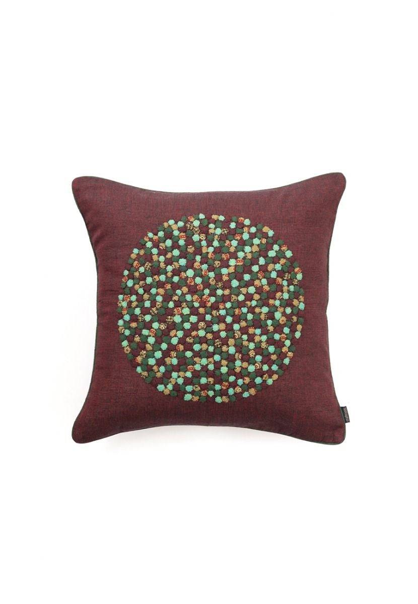 Maroon Hand-Woven Cotton Cushion Cover with Applique Work - India shopping