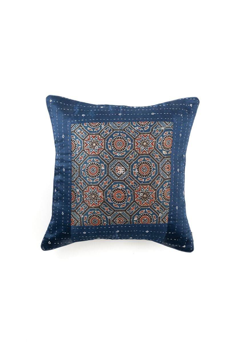 Navy Blue Hand-Woven Cotton Cushion Cover - India shopping