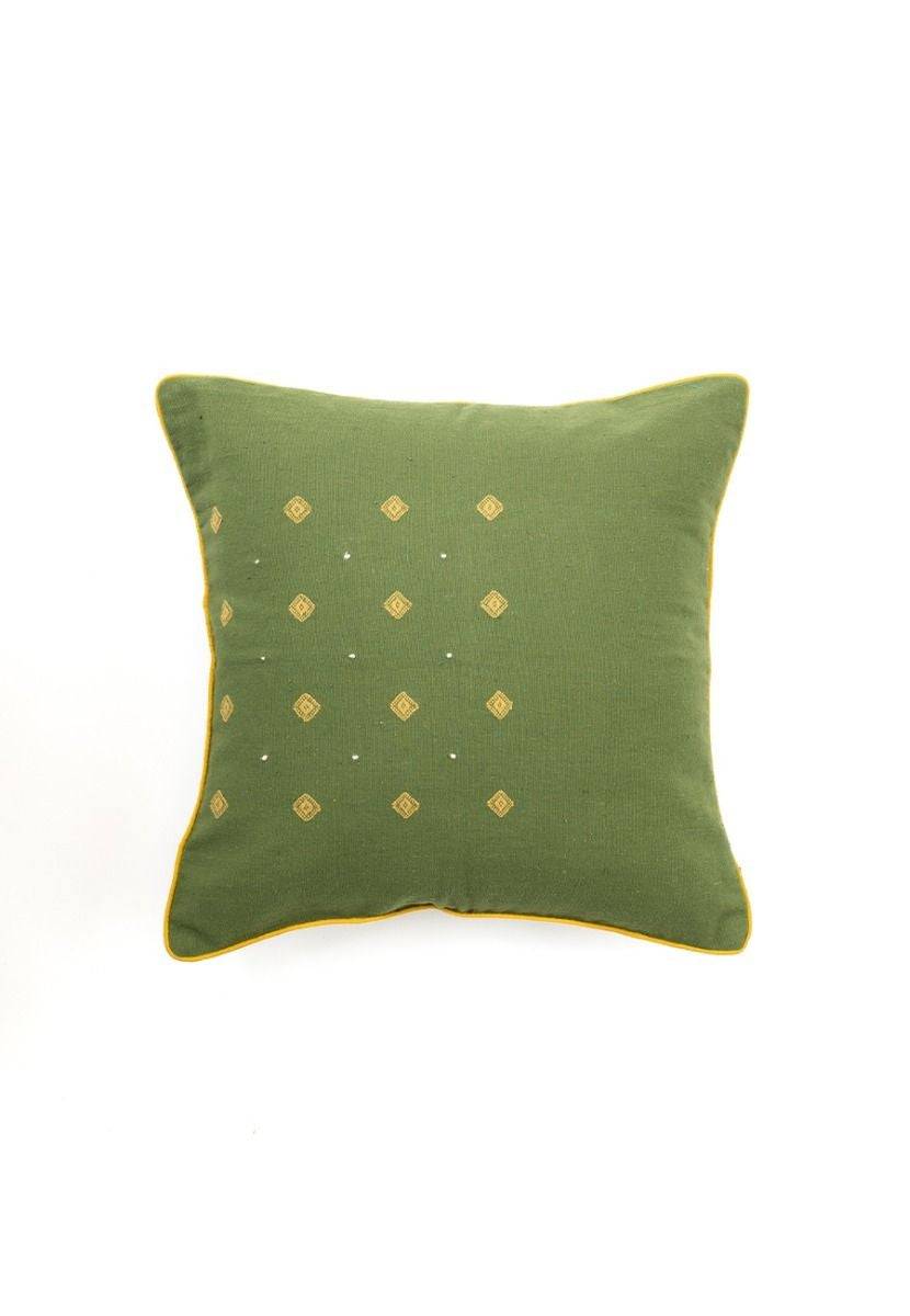 Olive Green Cotton Cushion Cover with Bhujodi Weave - India shopping