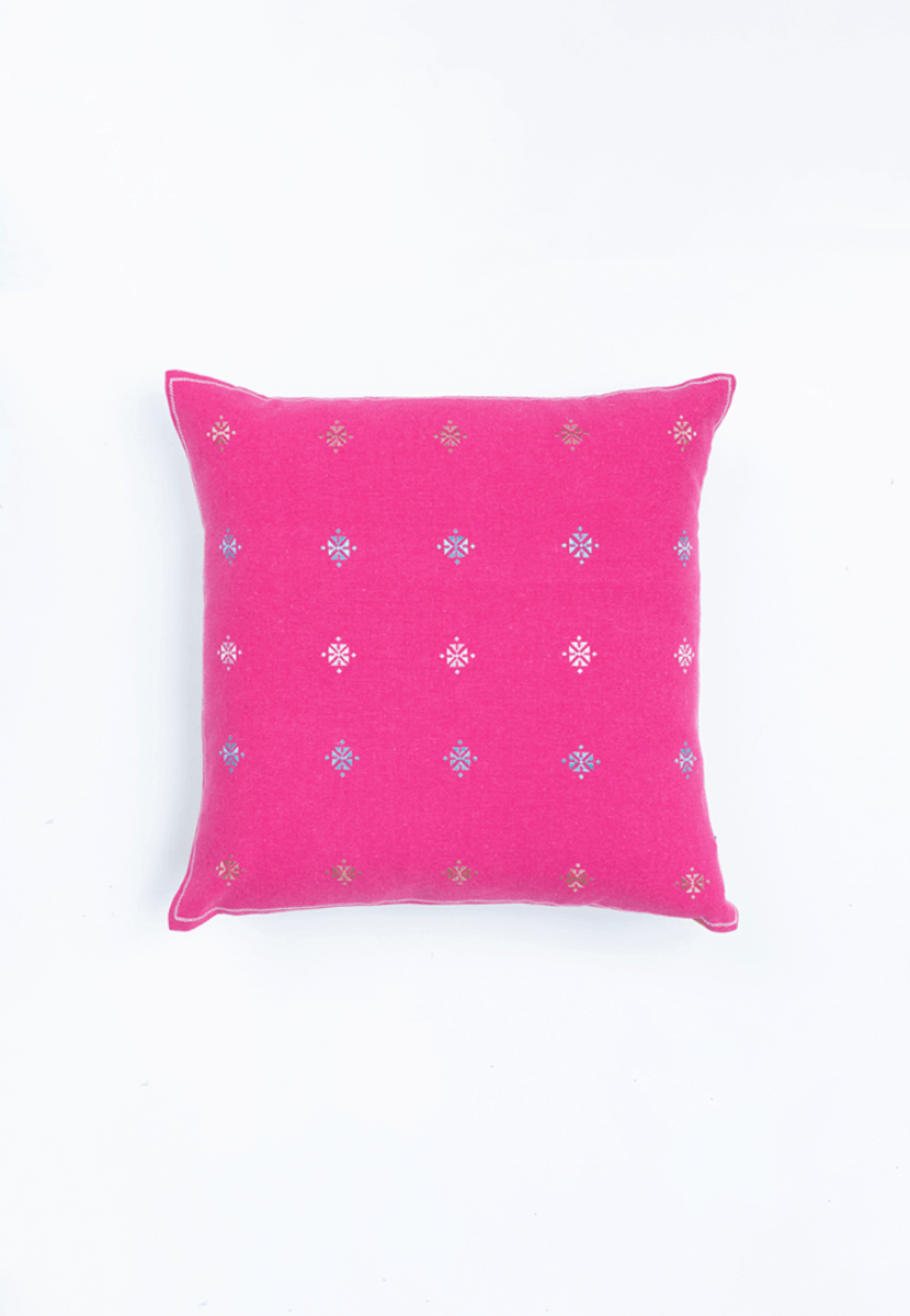 Pink Handwoven Cotton Cushion Cover with Soof Embroidery - India shopping