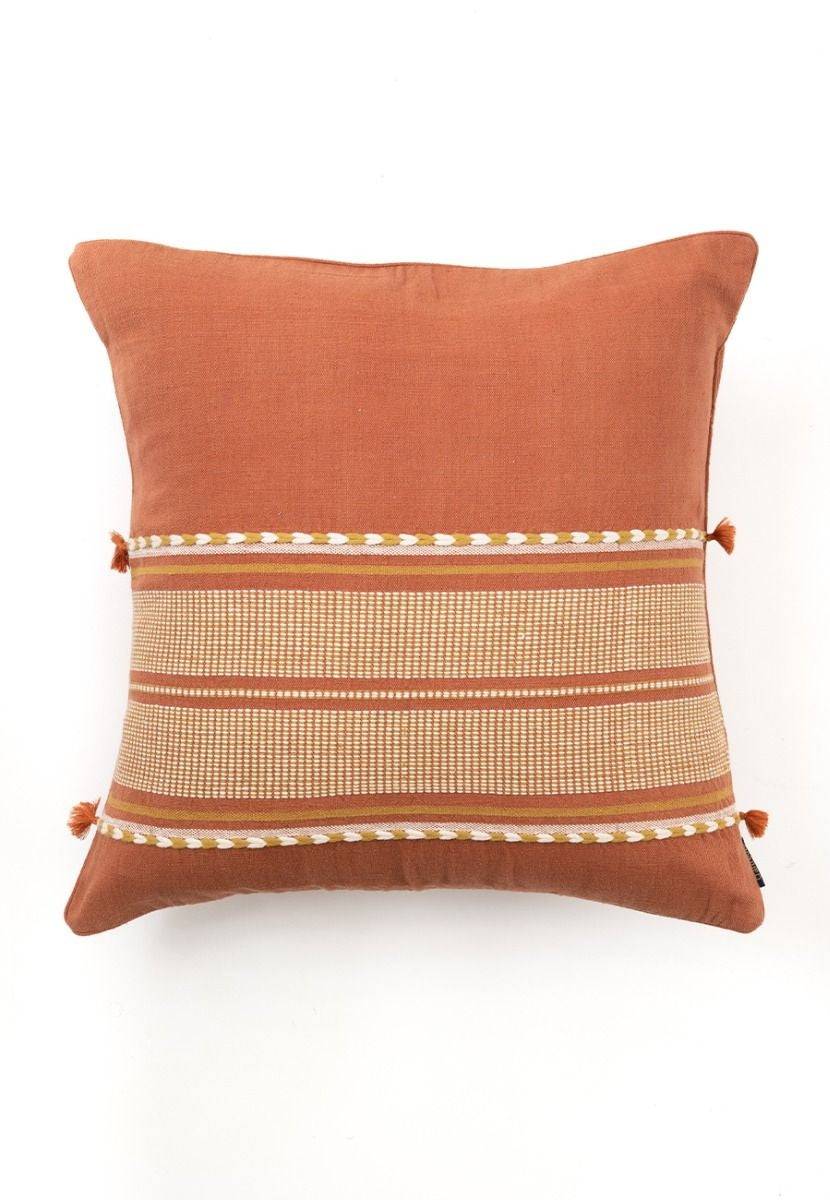 Rust Hand-Woven Cotton Cushion Cover with Bhujodi Weave - India shopping