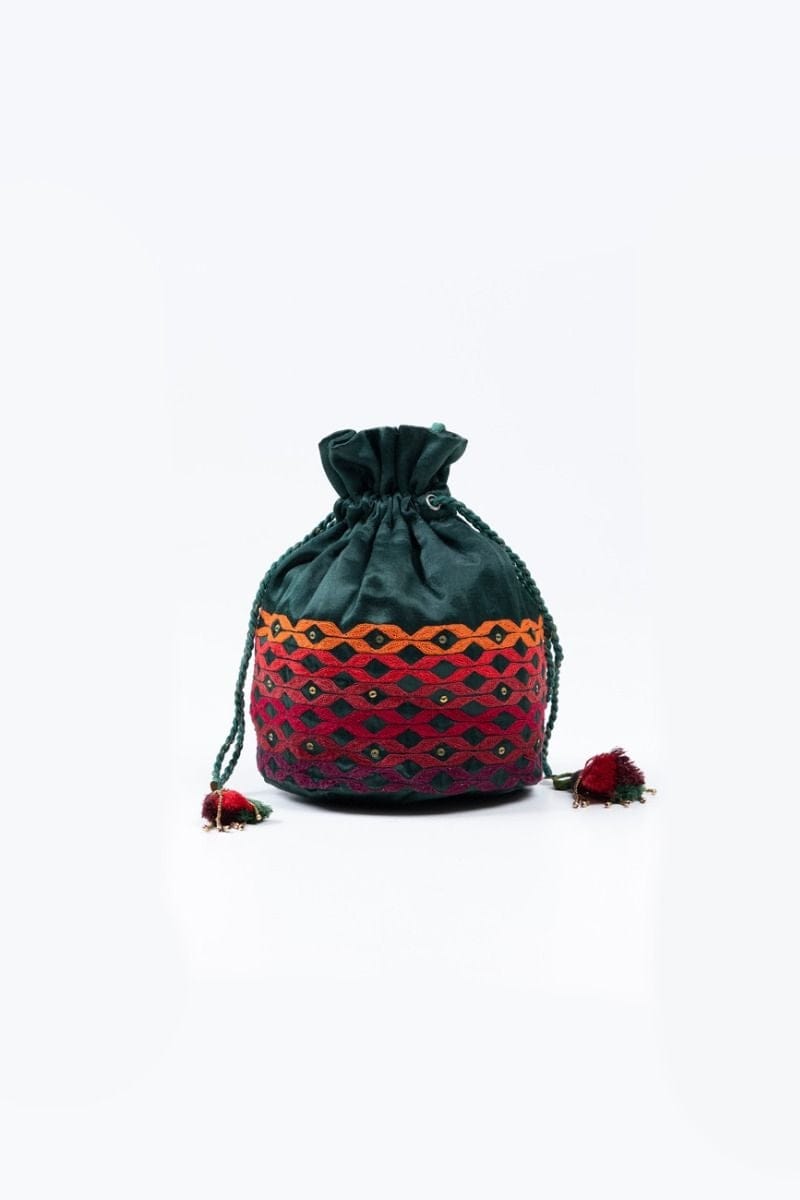 Bottle Green Round Hand Embroidered Potli Bag - India shopping