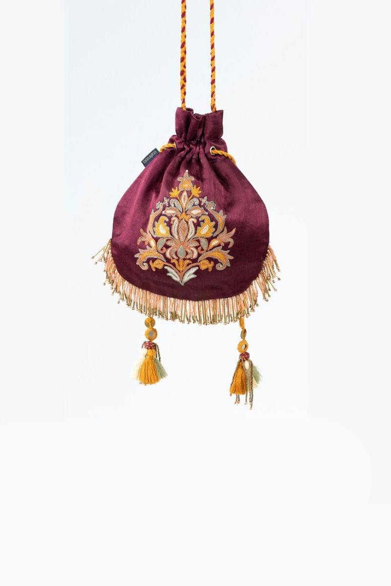 Maroon Hand Embroidered Potli Bag - India shopping