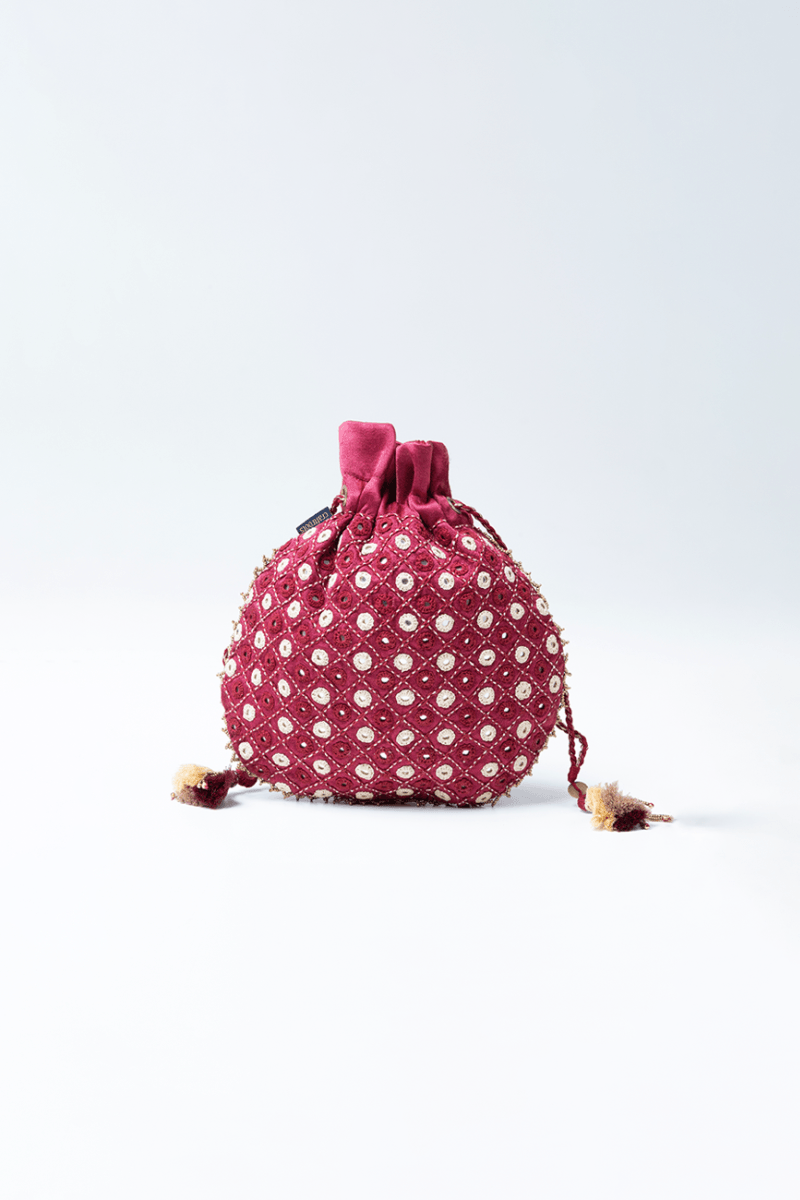 Maroon Mashru Hand Embroidered Potli Bag - India shopping