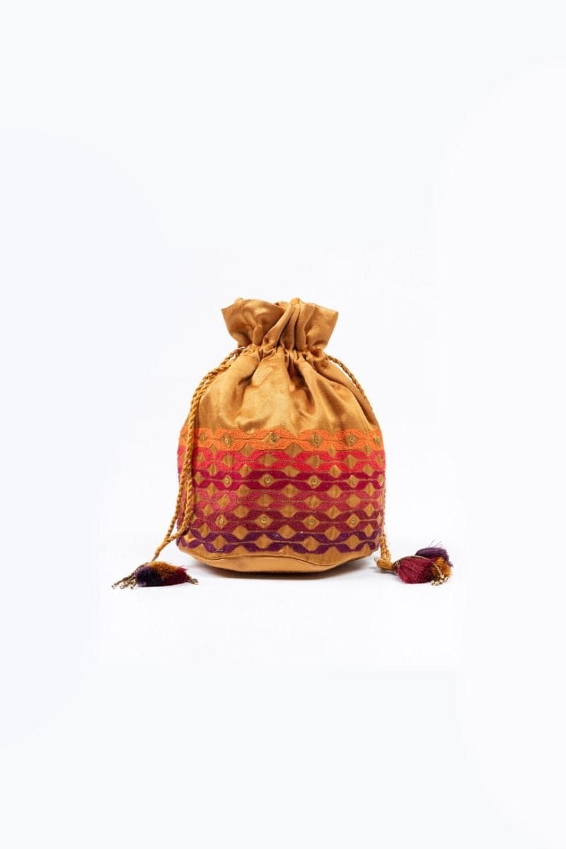 Mustard Round Hand Embroidered Potli Bag - India shopping