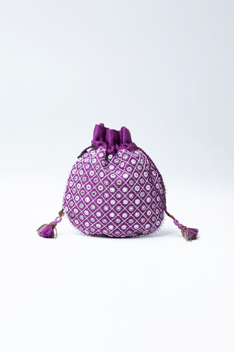 Purple Mashru Hand & Mirror Embroidered Potli Bag - India shopping