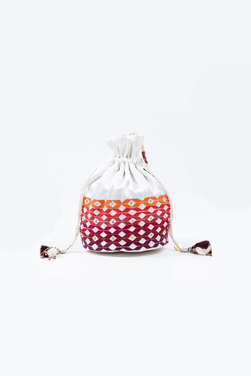 White Round Hand Embroidered Potli Bag - India shopping