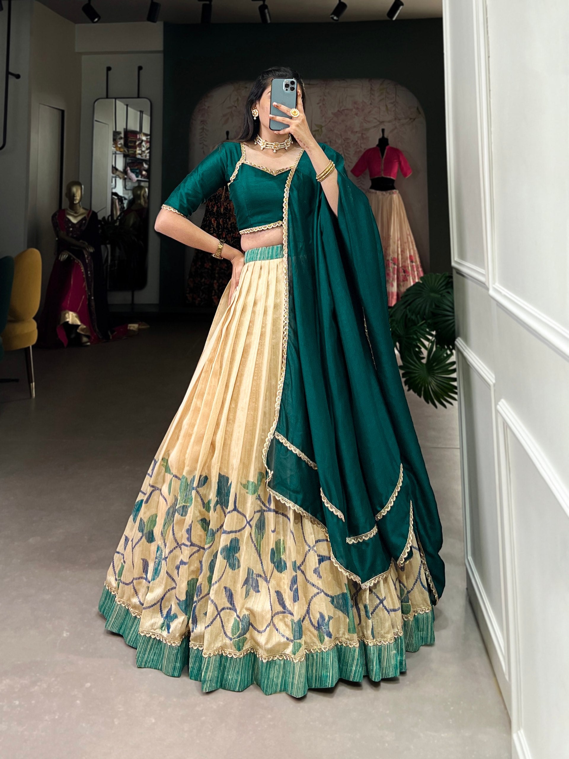 Vichatra Silk Lehenga Choli | Printed with Lace Touch Up