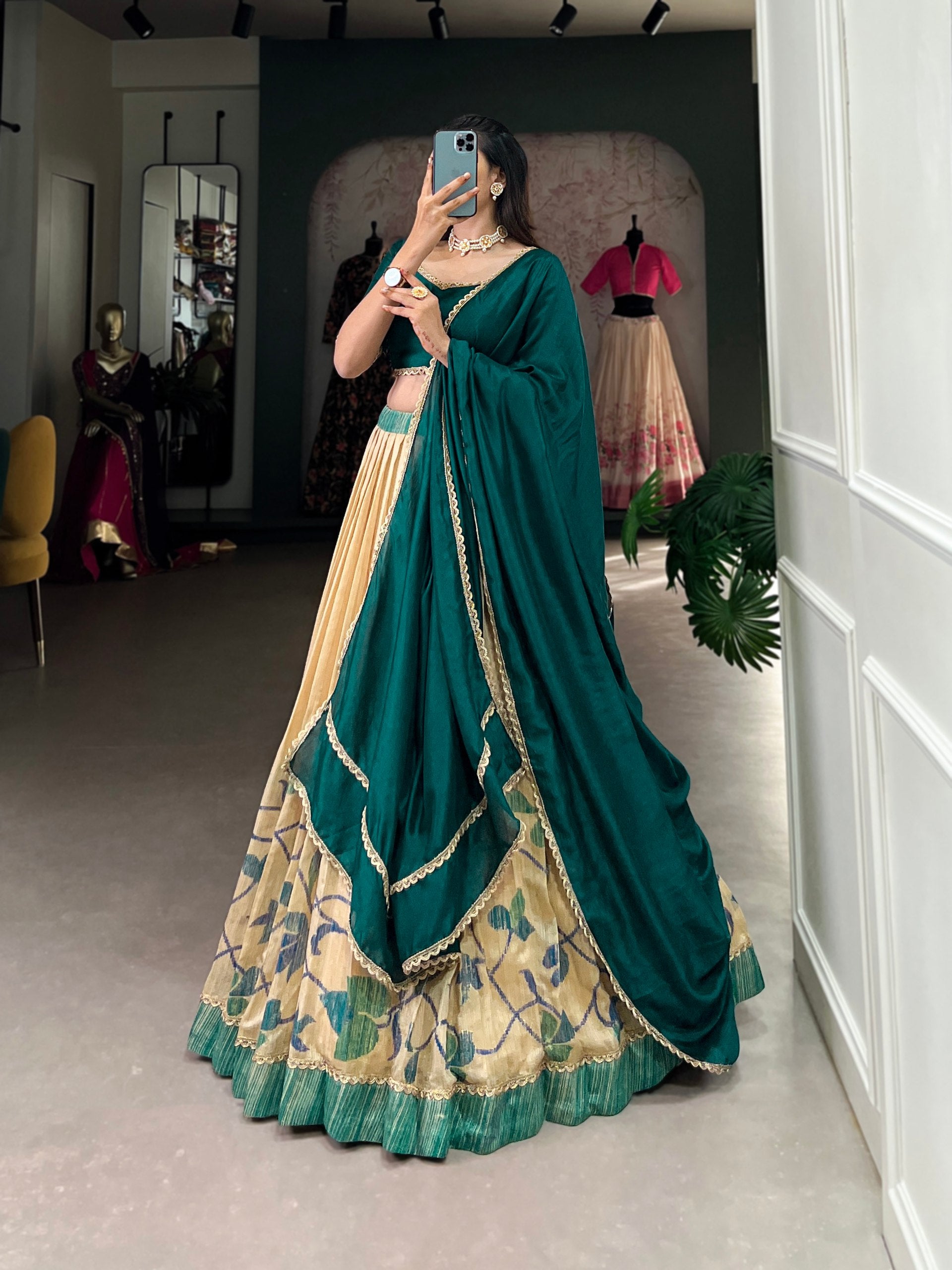 Vichatra Silk Lehenga Choli | Printed with Lace Touch Up