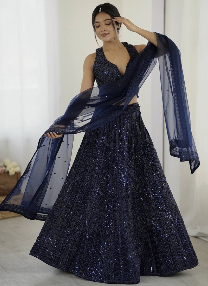 Royal Blue Net Lehenga Choli With Sequin Work V-Neck Set | Ready To Wear