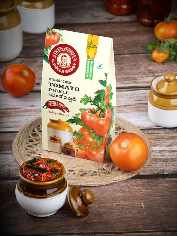 G Pulla Reddy Sweets Tomato Pickle Without Garlic 400 gms - India shopping